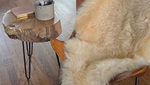 Ein Zimmer mit Holzboden, ein Sessel mit flauschigem Kissen, ein kleiner Holztisch mit einer Tasse und einem Buch sowie eine Tür im Hintergrund.