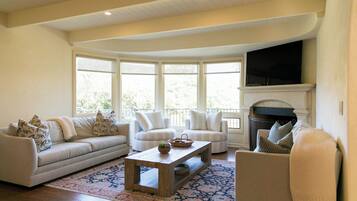 Smart TV, chimenea y libros