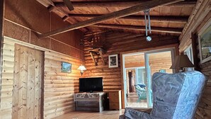 Hirsihirrestä rakennetun mökin sisustus: puinen kattopaneeli, televisio, kuvioitu matto ja tuoli.