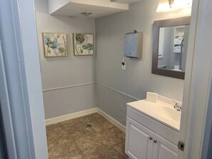 Hair dryer, towels, soap, toilet paper