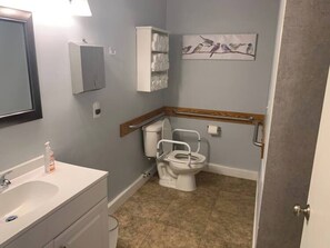 Hair dryer, towels, soap, toilet paper