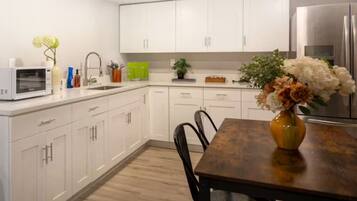 Fridge, microwave, coffee/tea maker, toaster