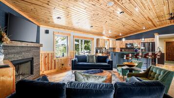 Smart TV, fireplace, foosball