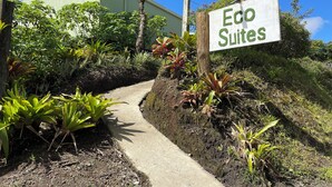 Un chemin mène à un bâtiment portant l’inscription « Eco Suites », entouré d’une végétation luxuriante et sous un ciel d’un bleu éclatant.