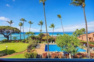 A resort with a swimming pool, palm trees, and a view of the ocean.
