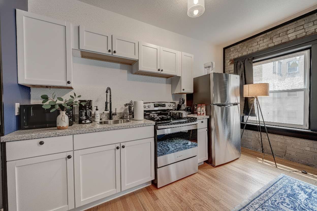 Een koelkast, een magnetron, een oven, een kookplaat