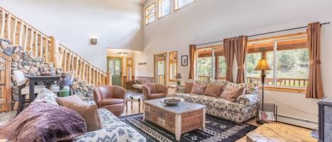 Smart TV, fireplace, books