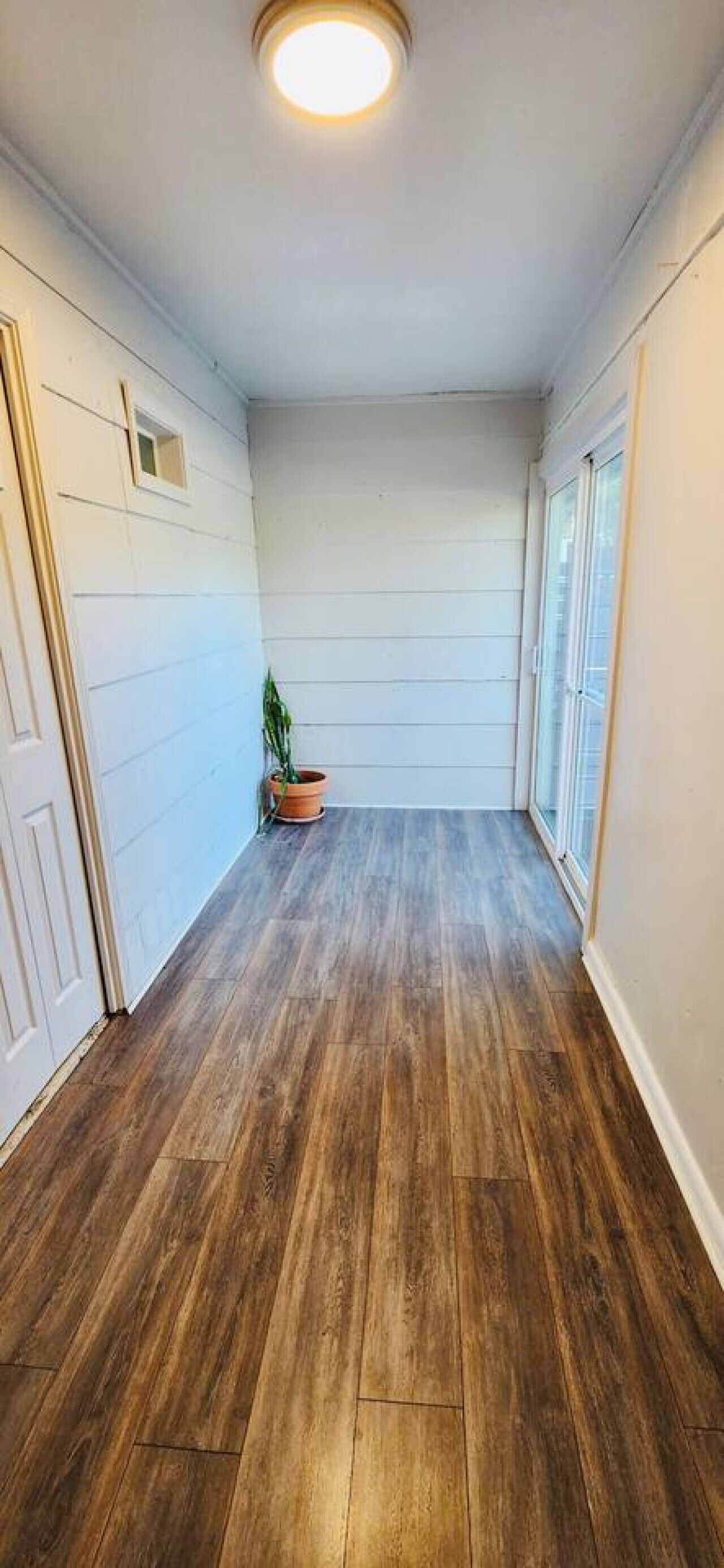 A hallway with wooden flooring, white walls, and a potted plant.