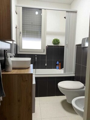 Regadera, secadora de cabello, bidet, toallas 