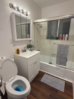 Bidet, towels, soap, toilet paper
