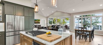 Elegant lakefront home near Bar Harbor & Acadia with modern kitchen, lake views