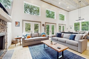 TV, fireplace, books