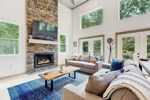 テレビ、暖炉、書庫