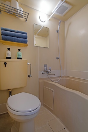 Hair dryer, towels, soap, toilet paper