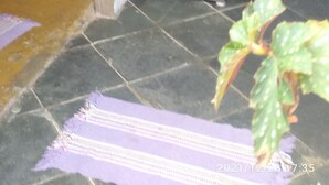 A room with a tiled floor, a purple mat, a white door, and a refrigerator.