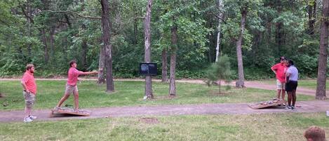 Un parc avec un sentier aménagé, des arbres et des personnes qui pratiquent diverses activités.