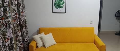 Smart TV, fireplace, books