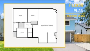 Plano de planta de una casa en el segundo nivel, con dos dormitorios, un baño, un pasillo y una zona combinada de cocina, sala de estar y comedor.