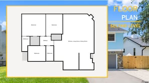 A floor plan of a second-level house with two bedrooms, a bathroom, a hallway, and a combined kitchen, living room, and dining room area.