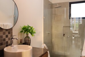 Hair dryer, towels, soap, shampoo