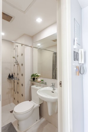 Shower, hair dryer, bidet, towels