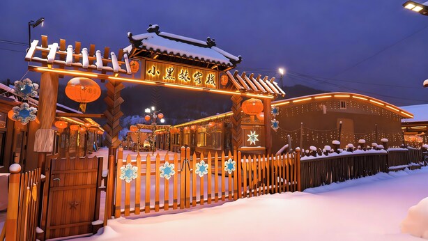 A traditional wooden gate with a snow-covered roof, illuminated by warm lights, leading to a building with a sign in a foreign language.