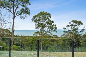 A coastal landscape with eucalyptus trees, a fence, and a view of the sea.