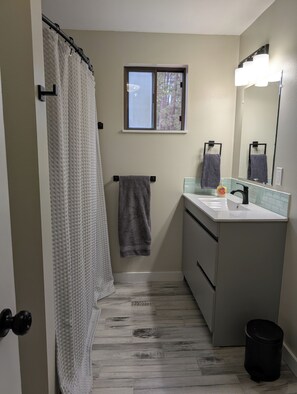 Hair dryer, towels, soap, shampoo