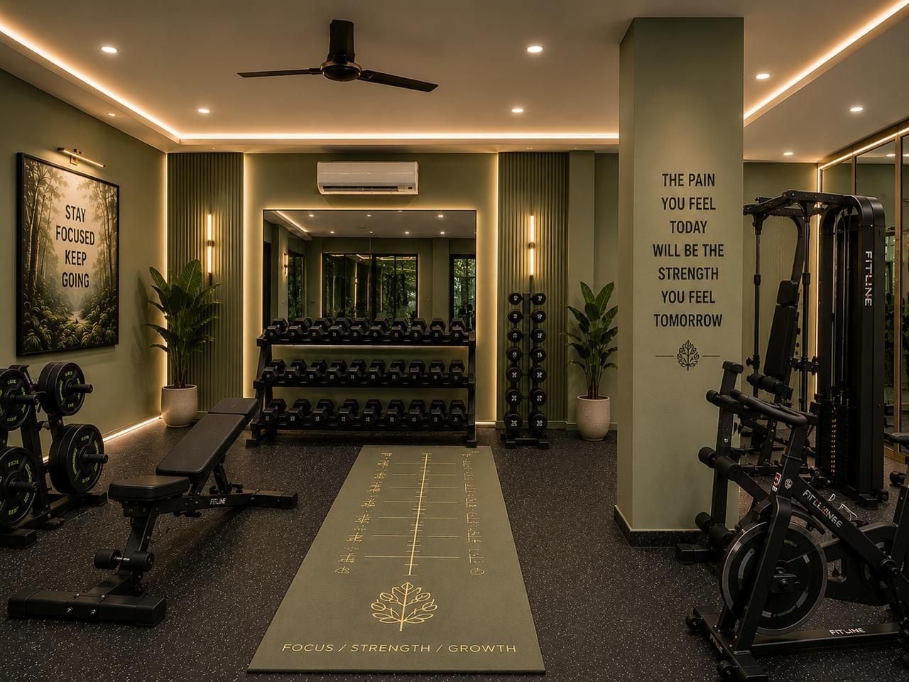 Un gimnasio con equipo de ejercicio, una colchoneta para yoga y decoración inspiradora en las paredes.