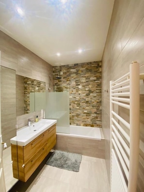 Hair dryer, towels, soap, toilet paper