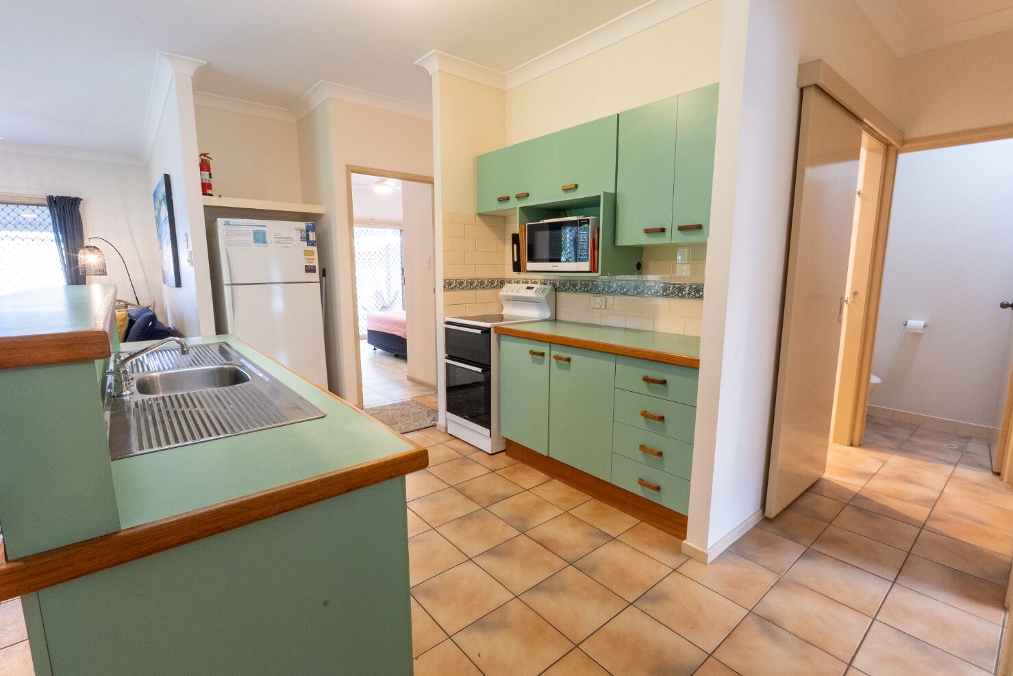 Fridge, microwave, dining tables