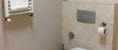Un baño pequeño y limpio con inodoro, un cubo de basura, toallero con dos toallas y dispensador de papel.