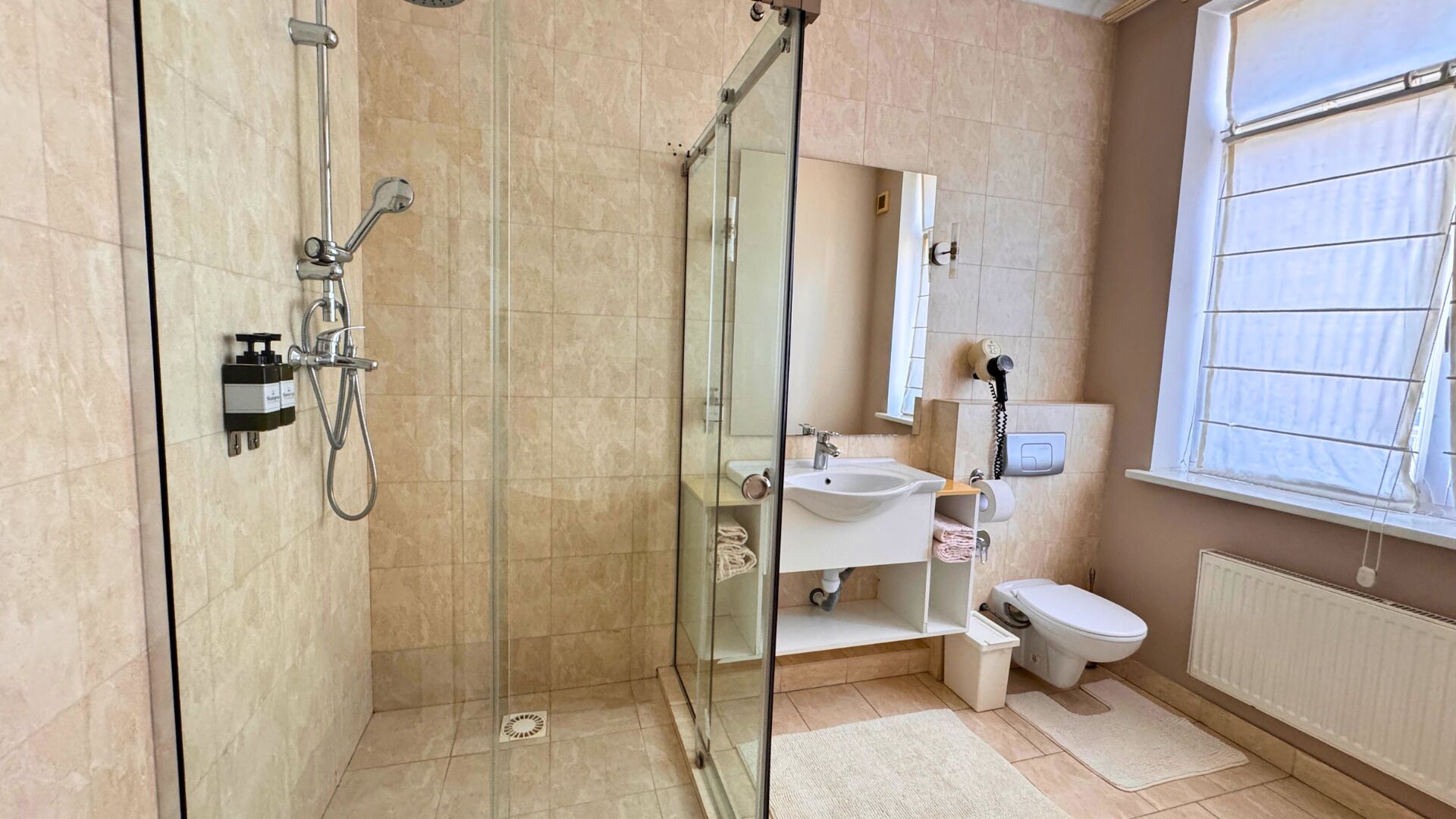 A modern bathroom with a glass-enclosed shower, a sink, and a toilet.