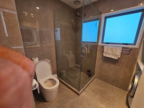 Een douche, een haardroger, handdoeken, zeep