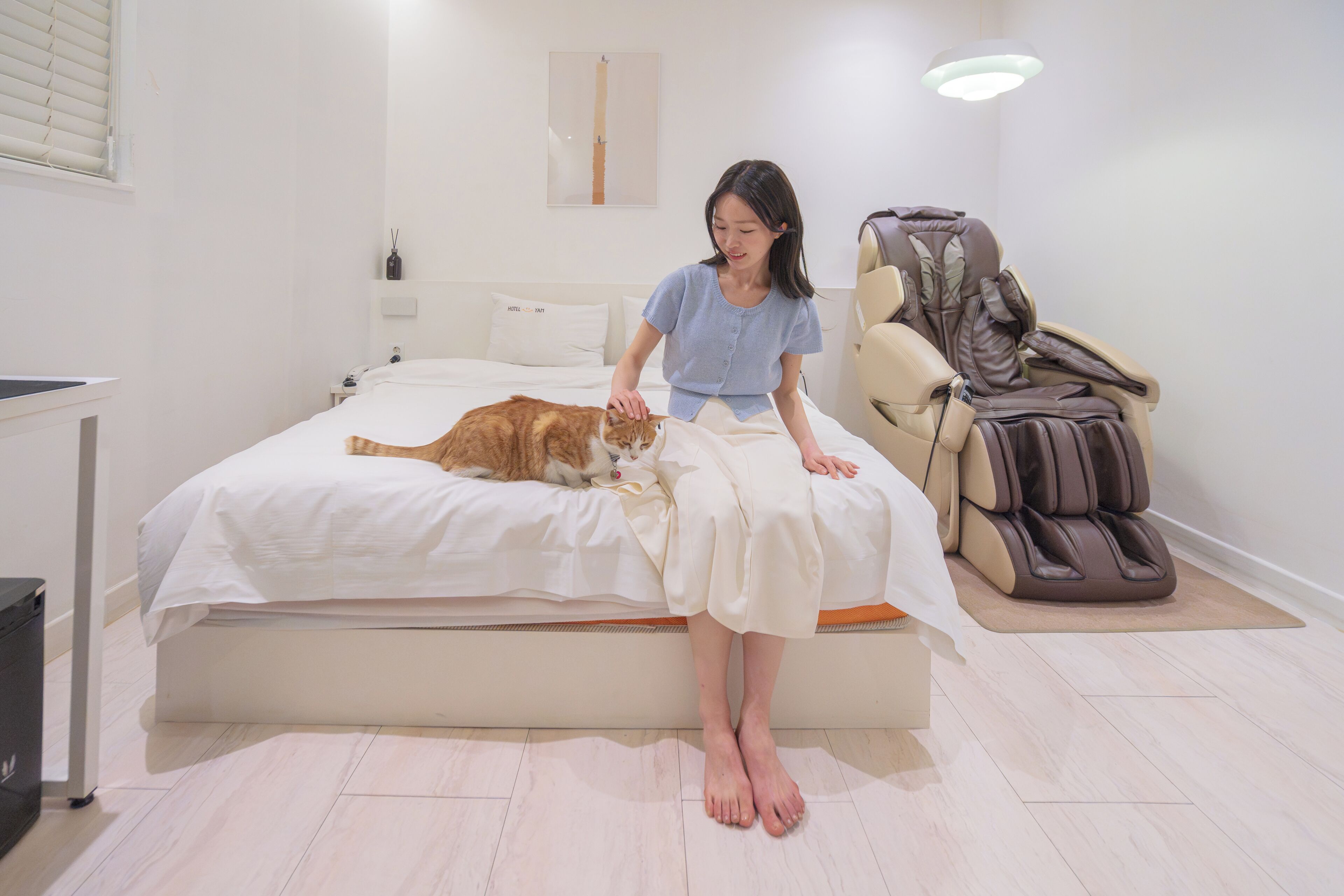 A bed with a cat, a massage chair, and a bedside table with a lamp.