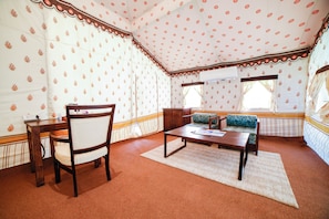 Premium tent | Desk, laptop workspace, blackout drapes, iron/ironing board
