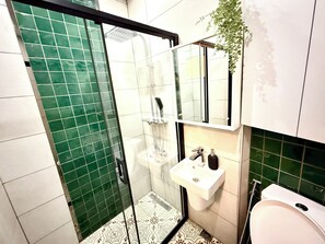 Shower, hair dryer, bidet, towels