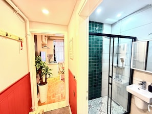 Shower, hair dryer, bidet, towels