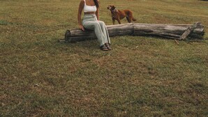 A woman sitting on a log in a grassy field with a dog, a wooden house in the background, and a clear blue sky. - Refugio Montevale - Cabana da Palmeira (Passo do Sobrado)