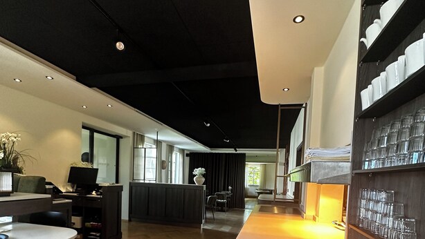 A modern kitchen with a curved countertop, a built-in sink, and a dark ceiling. - Birkenfelder Hof  (Birkenfeld)