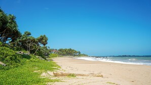 Una playa con cielos despejados, vegetación verde y un mar tranquilo.