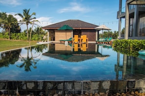 Outdoor pool, pool umbrellas, pool loungers
