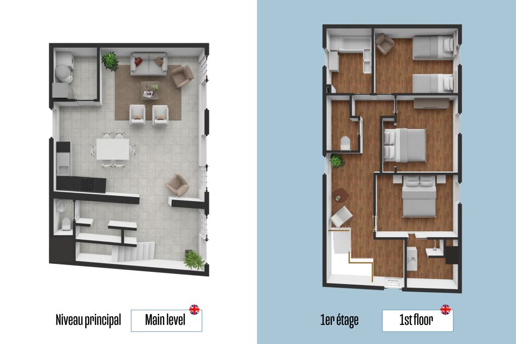 Twee plattegronden van een hotel, één met 'Hoofdverdieping' en de andere met '1e verdieping', elk met verschillende indelingen en voorzieningen.