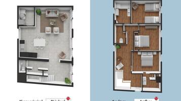 Twee plattegronden van een hotel, één met 'Hoofdverdieping' en de andere met '1e verdieping', elk met verschillende indelingen en voorzieningen.