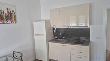 Klassiek appartement | Privékeuken | Een koelkast met diepvriezer, een kookplaat, kookgerei, borden en bestek