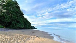 A beach with a sandy shore, a large tree on the left, and a calm sea under a partly cloudy sky.