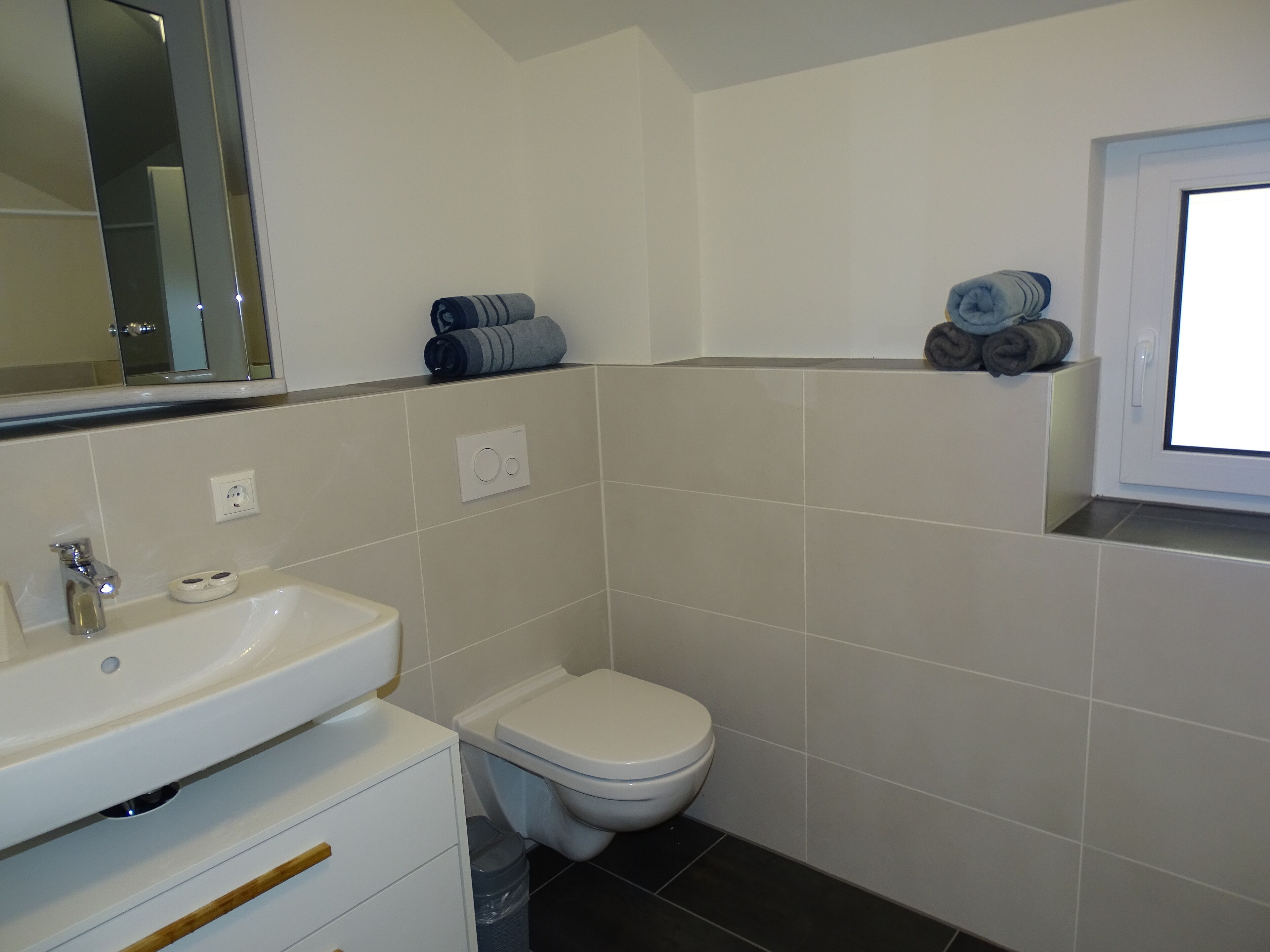 Un bagno con un lavandino bianco, un water e un porta asciugamani.