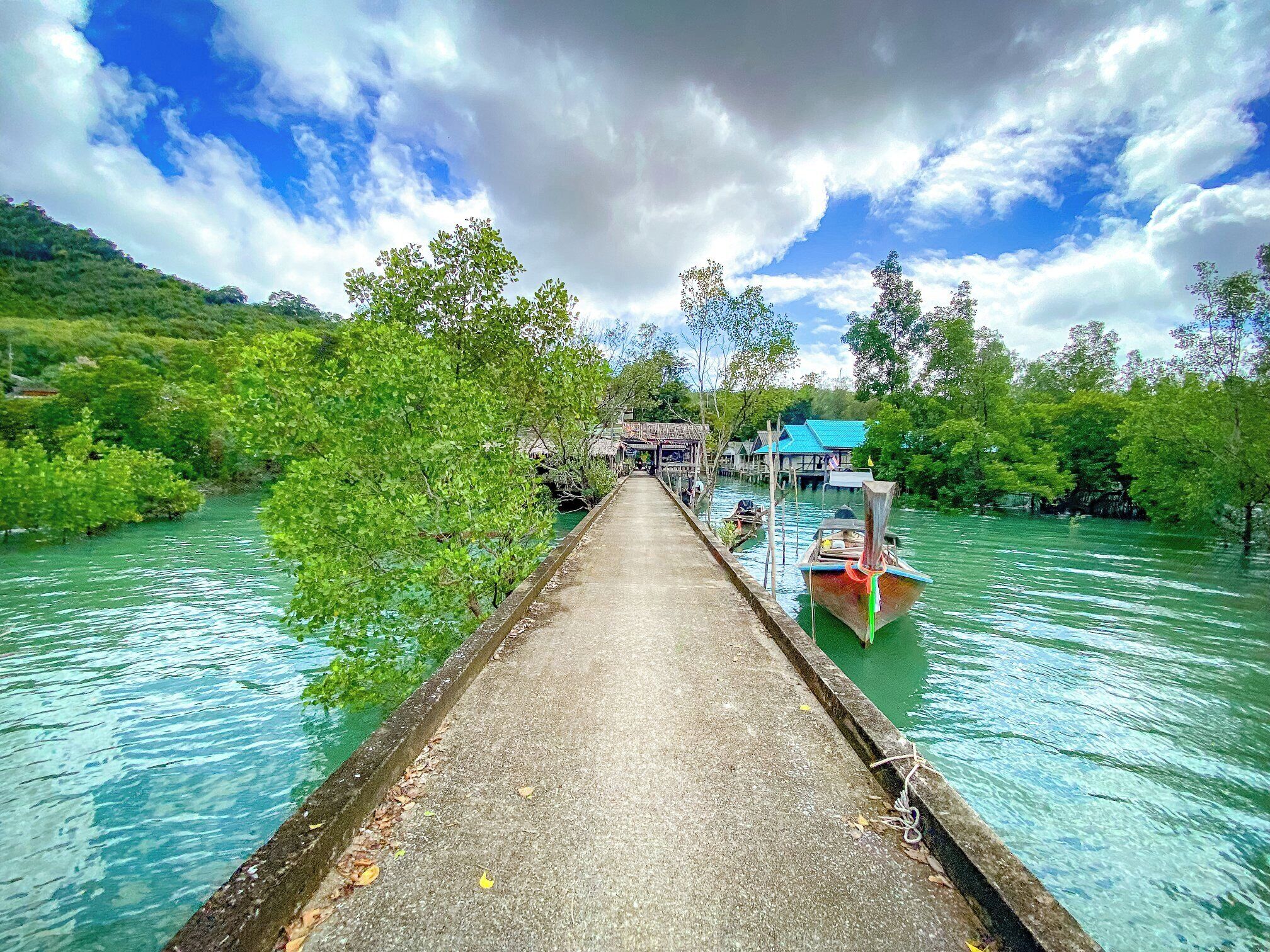 A concrete pathway leading to a dock with boats, surrounded by lush greenery and a clear sky.