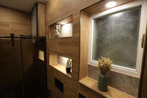 Hair dryer, towels, soap, toilet paper