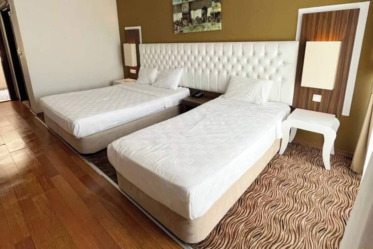 A hotel room with two single beds, a wooden floor, a patterned carpet, and a white headboard.